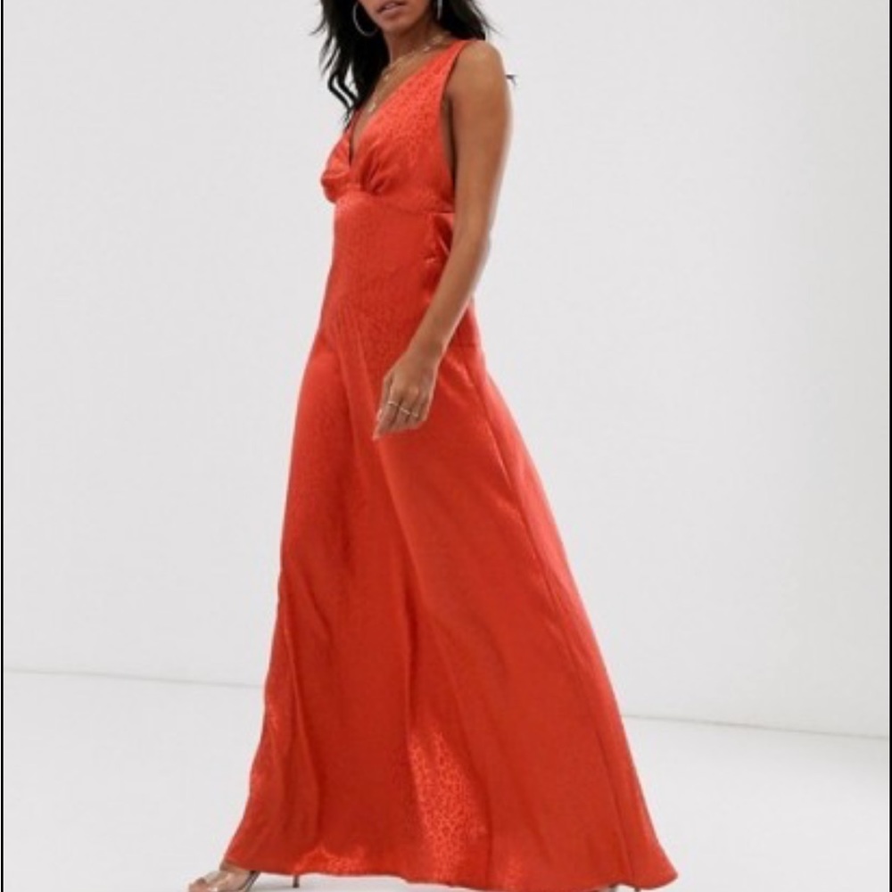 Flounce London minimal satin maxi dress in rust